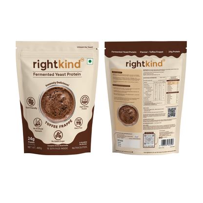 Toffee Frappé Fermented Yeast Protein Powder | 24g Protein/Serving | Gut Friendly | PDCAAS 1.0 | All 9 Essential Amino Acids | 5.43g BCAA | Dairy Free | No Added Sugar | 495g RightKind