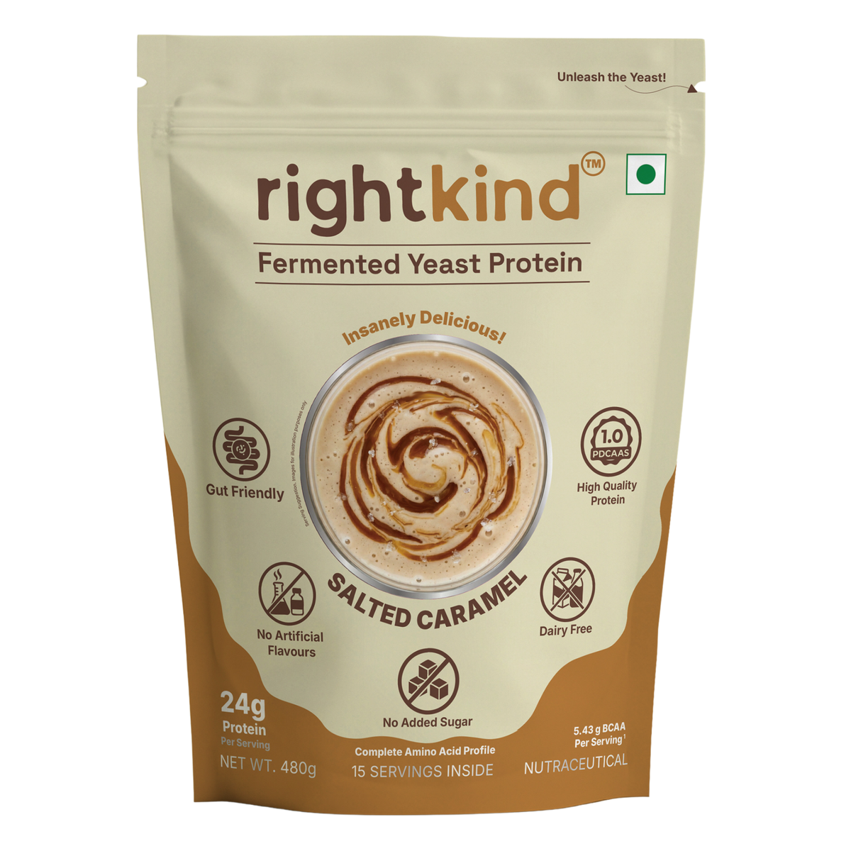 Salted Caramel Fermented Yeast Protein Powder | 24g Protein/Serving | Gut Friendly | PDCAAS 1.0 | All 9 Essential Amino Acids | 5.43g BCAA | Dairy Free | No Added Sugar | 480g RightKind