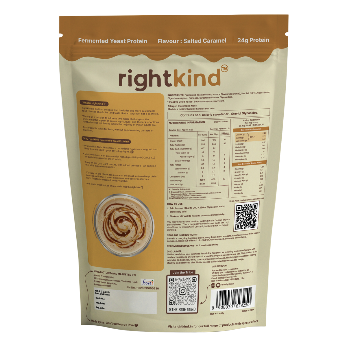 Salted Caramel Fermented Yeast Protein Powder | 24g Protein/Serving | Gut Friendly | PDCAAS 1.0 | All 9 Essential Amino Acids | 5.43g BCAA | Dairy Free | No Added Sugar | 480g RightKind