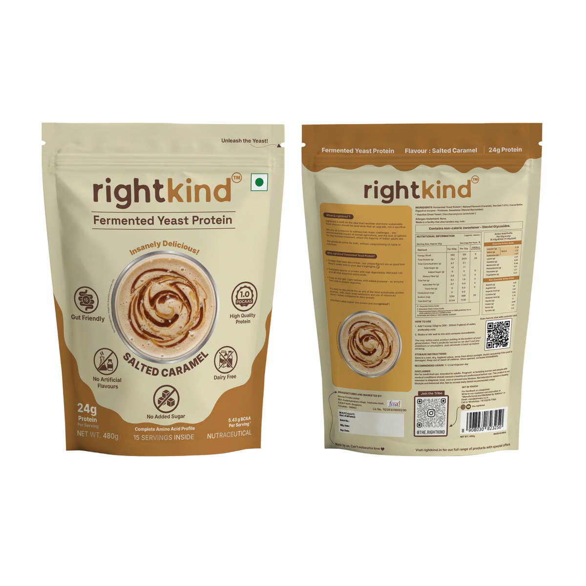 Salted Caramel Fermented Yeast Protein Powder | 24g Protein/Serving | Gut Friendly | PDCAAS 1.0 | All 9 Essential Amino Acids | 5.43g BCAA | Dairy Free | No Added Sugar | 480g RightKind