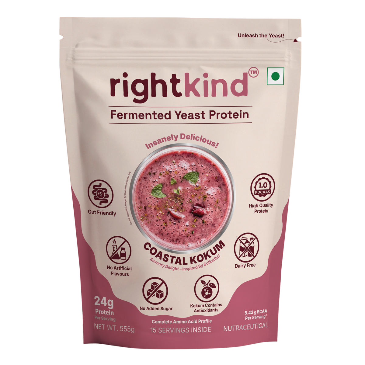 Coastal Kokum Fermented Yeast Protein Powder | 24g Protein/Serving | Gut Friendly | PDCAAS 1.0 | All 9 Essential Amino Acids | 5.43g BCAA | Dairy Free | No Added Sugar | Kokum Contains Antioxidants | 555g RightKind