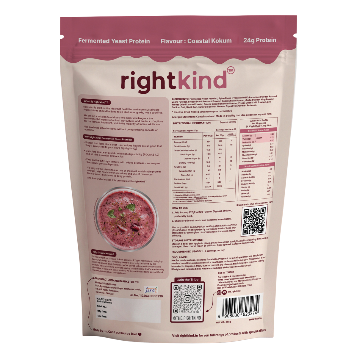 Coastal Kokum Fermented Yeast Protein Powder | 24g Protein/Serving | Gut Friendly | PDCAAS 1.0 | All 9 Essential Amino Acids | 5.43g BCAA | Dairy Free | No Added Sugar | Kokum Contains Antioxidants | 555g RightKind