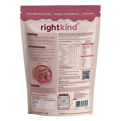 Coastal Kokum Fermented Yeast Protein Powder | 24g Protein/Serving | Gut Friendly | PDCAAS 1.0 | All 9 Essential Amino Acids | 5.43g BCAA | Dairy Free | No Added Sugar | Kokum Contains Antioxidants | 555g RightKind