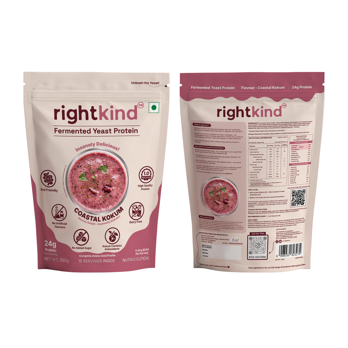 Coastal Kokum Fermented Yeast Protein Powder | 24g Protein/Serving | Gut Friendly | PDCAAS 1.0 | All 9 Essential Amino Acids | 5.43g BCAA | Dairy Free | No Added Sugar | Kokum Contains Antioxidants | 555g RightKind