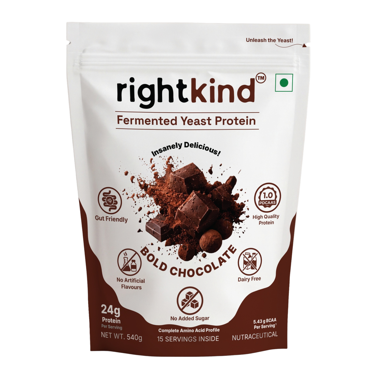 Bold Chocolate Fermented Yeast Protein Powder | 15 Serve Bag | 540g RightKind