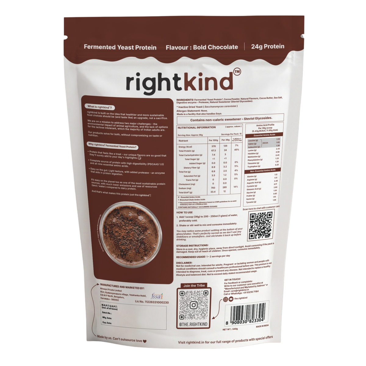 Bold Chocolate Fermented Yeast Protein Powder | 15 Serve Bag | 540g RightKind