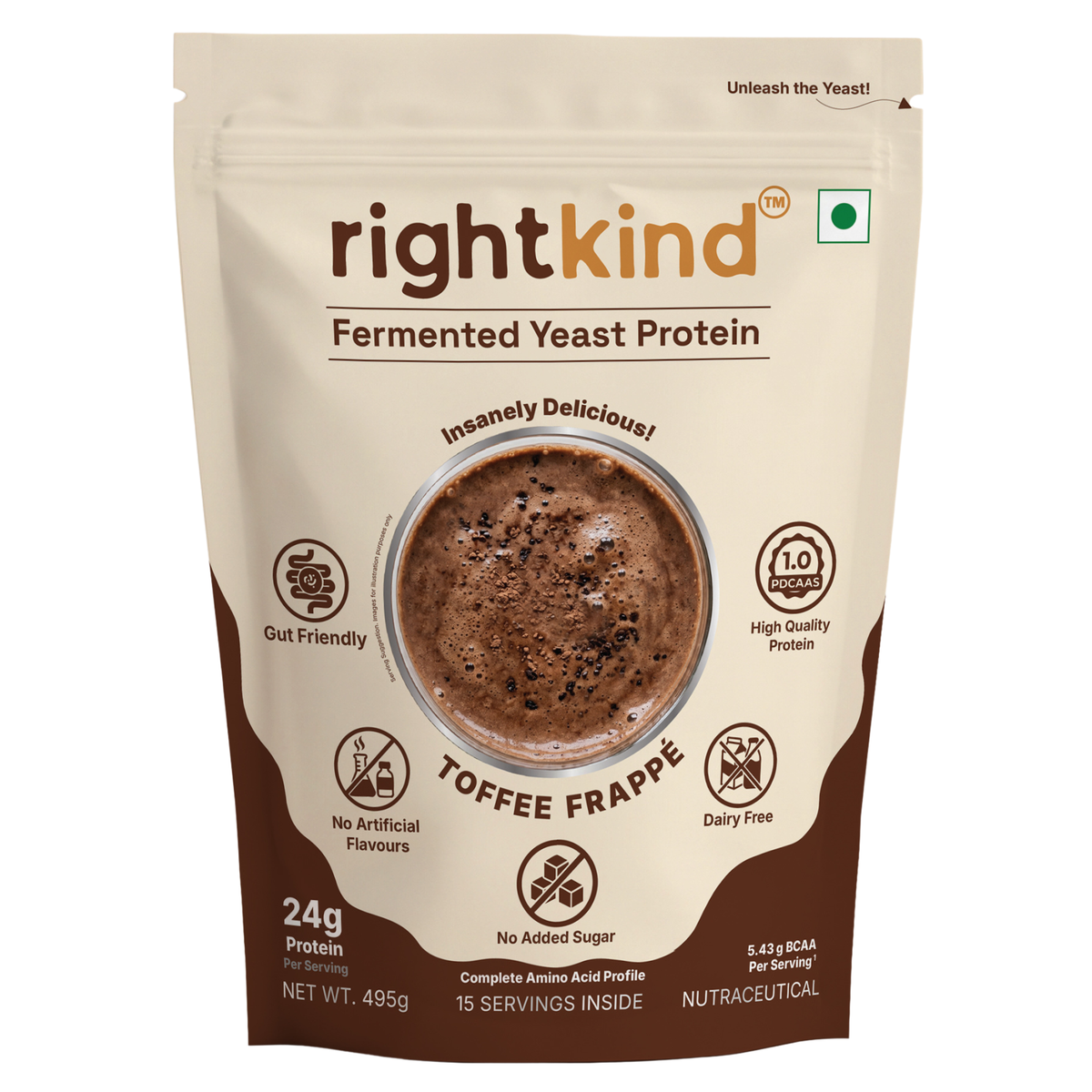 Toffee Frappé Fermented Yeast Protein Powder | 24g Protein/Serving | Gut Friendly | PDCAAS 1.0 | All 9 Essential Amino Acids | 5.43g BCAA | Dairy Free | No Added Sugar | 495g RightKind