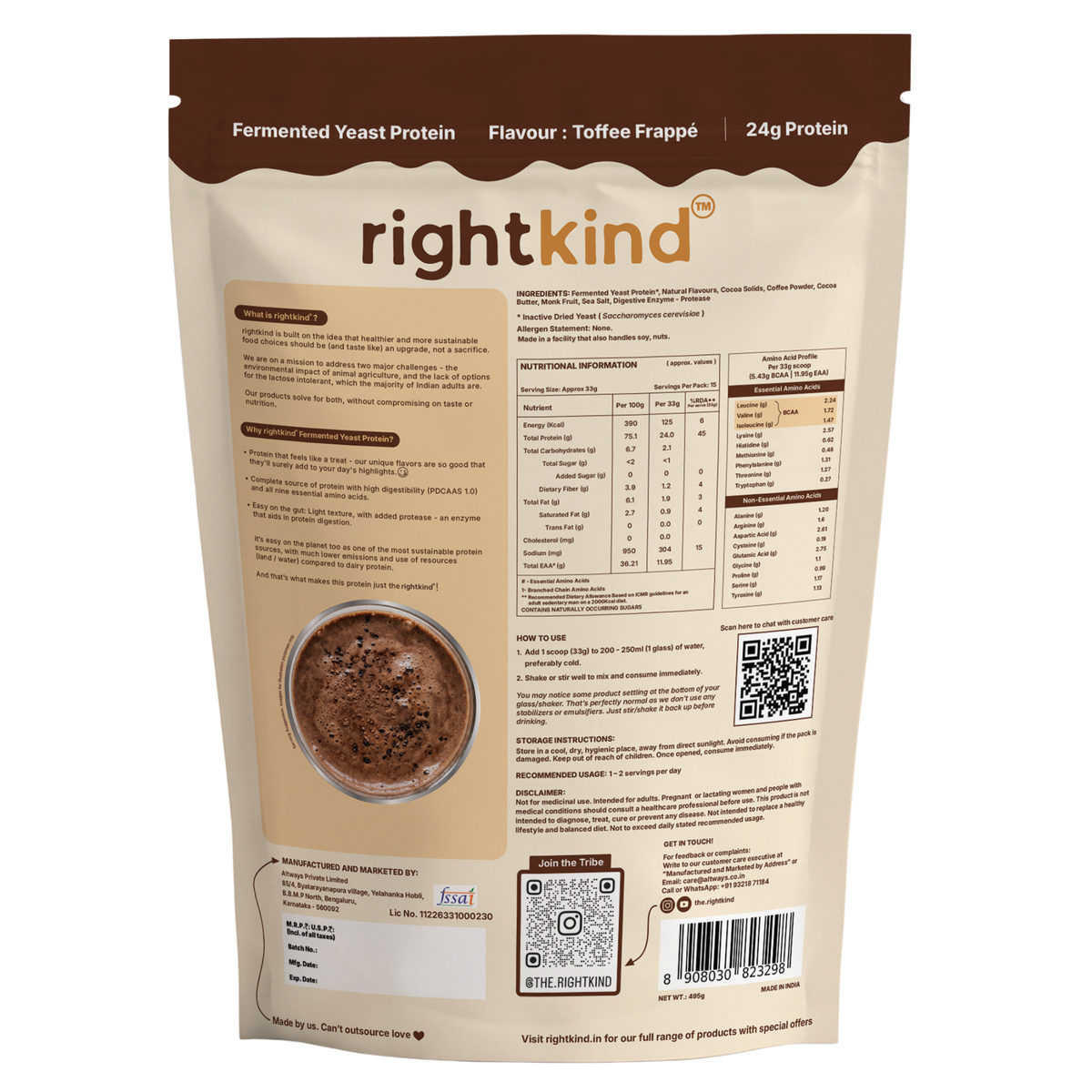 Toffee Frappé Fermented Yeast Protein Powder | 24g Protein/Serving | Gut Friendly | PDCAAS 1.0 | All 9 Essential Amino Acids | 5.43g BCAA | Dairy Free | No Added Sugar | 495g RightKind