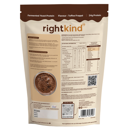 Toffee Frappé Fermented Yeast Protein Powder | 24g Protein/Serving | Gut Friendly | PDCAAS 1.0 | All 9 Essential Amino Acids | 5.43g BCAA | Dairy Free | No Added Sugar | 495g RightKind